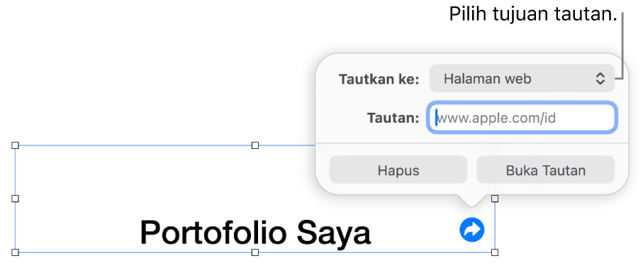 Kontrol editor tautan dengan Halaman Web dipilih dan tombol Hapus serta Buka Tautan di bagian bawah.