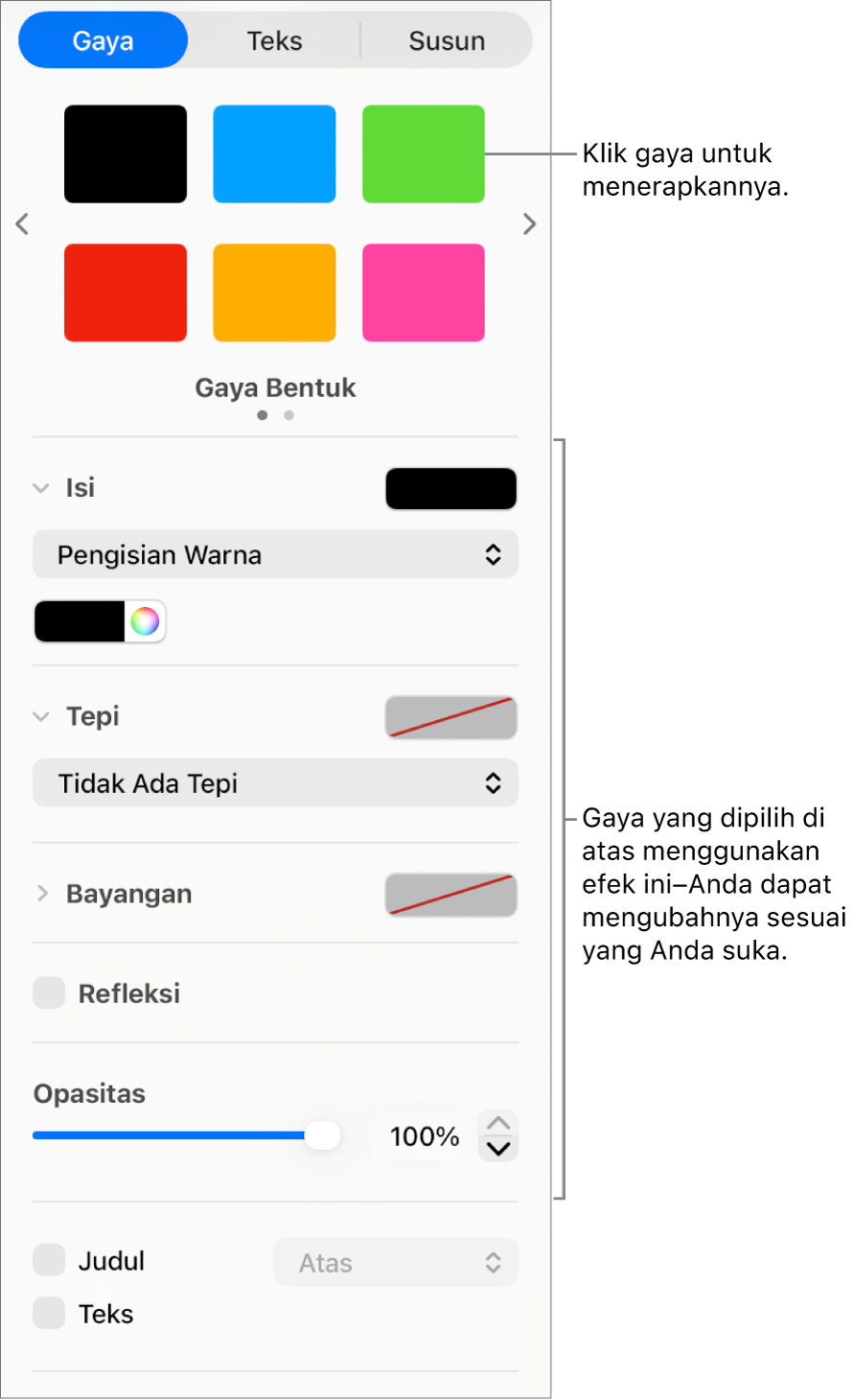Gaya dan pilihan bentuk di bagian Format pada bar samping.