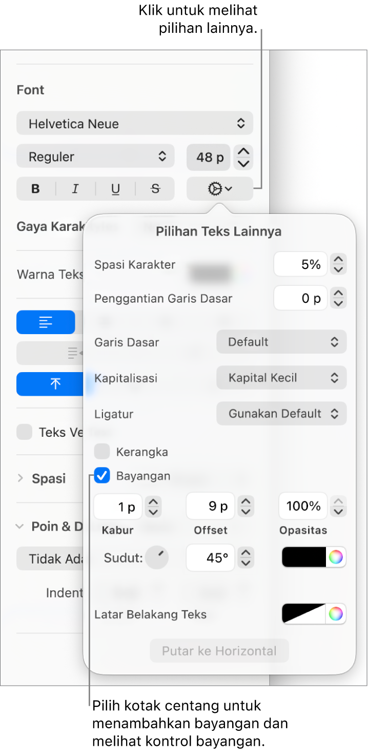 Menu Pilihan Lanjutan terbuka dengan kotak centang Bayangan dipilih dan kontrol untuk mengatur. kekaburan, offset, opasitas, sudut, dan warna.