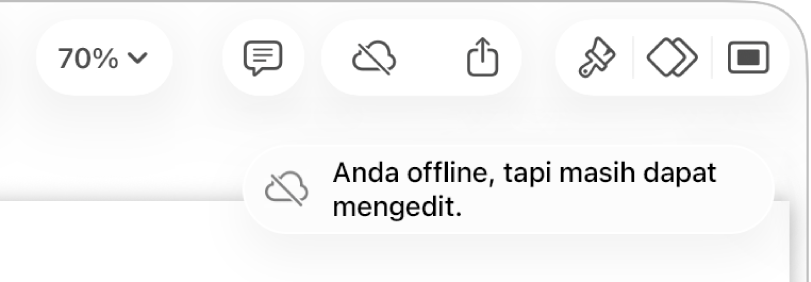 Tombol di bagian atas layar, dengan tombol Kolaborasikan berubah menjadi awan dengan garis diagonal melaluinya. Peringatan di layar bertuliskan “Anda offline tapi masih dapat mengedit”.