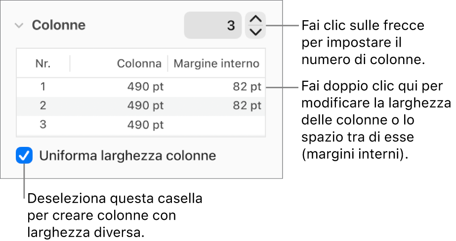 Controlli nella sezione Colonne per la modifica del numero di colonne e della larghezza di ogni colonna.