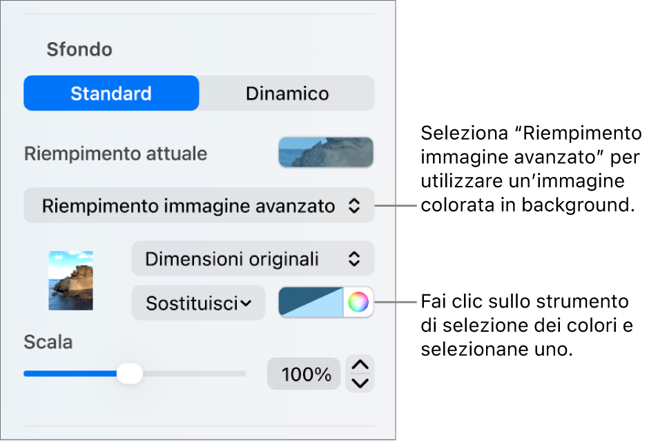 I controlli Sfondo, con un’impostazione “Riempimento immagine avanzato” colorata impostata come sfondo della diapositiva.
