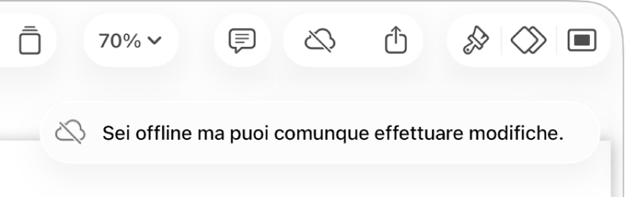I pulsanti nella parte superiore dello schermo con il pulsante Collaborazione che si trasforma in una nuvola attraversata da una linea in trasversale. Un avviso sullo schermo dice “Non sei in linea ma puoi comunque effettuare modifiche.”
