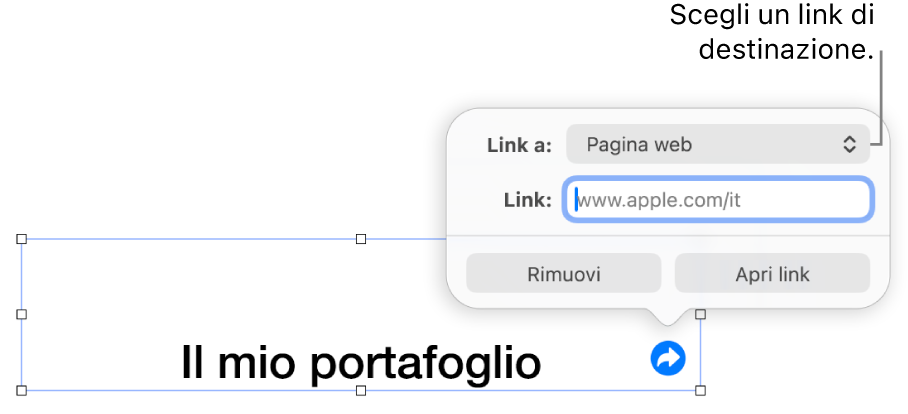 I controlli dell’editor dei link con la pagina web selezionata e con i pulsanti per rimuovere o aprire il link mostrati in basso.