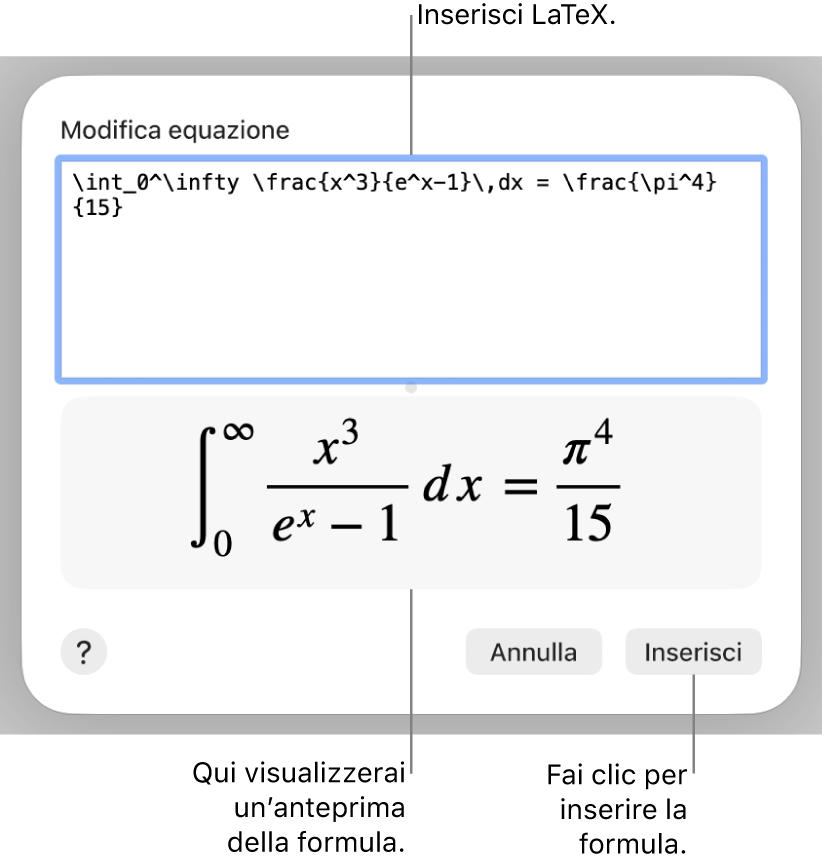 La formula quadratica scritta tramite LaTeX nel campo Equazione e un’anteprima della formula sotto.