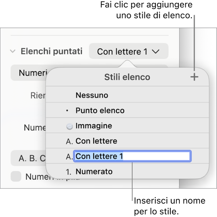 Menu a comparsa “Stili elenco” con un pulsante Aggiungi nell’angolo superiore destro e un nome di stile segnaposto con il suo testo selezionato.