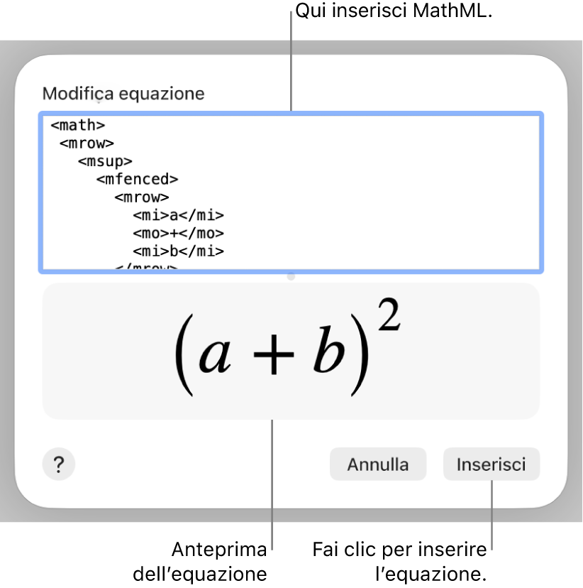 L’equazione del coefficiente angolare di una retta nel campo “Modifica equazione” e un’anteprima della formula sotto.