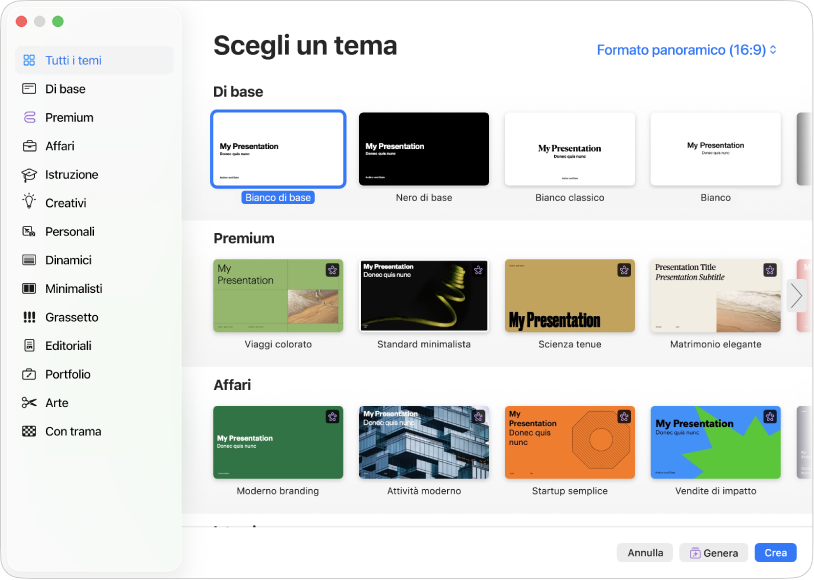 Scelta temi. Una barra laterale sulla sinistra elenca le categorie di temi su cui puoi fare clic per filtrare le opzioni. Sulla destra ci sono delle miniature di temi con design predefinito disposti in riga per categoria, a partire da “Di base” in cima e seguiti da Dinamico, Minimalisti e “Di impatto”. Nell’angolo in basso a destra, sono visibili i pulsanti Annulla e Crea.