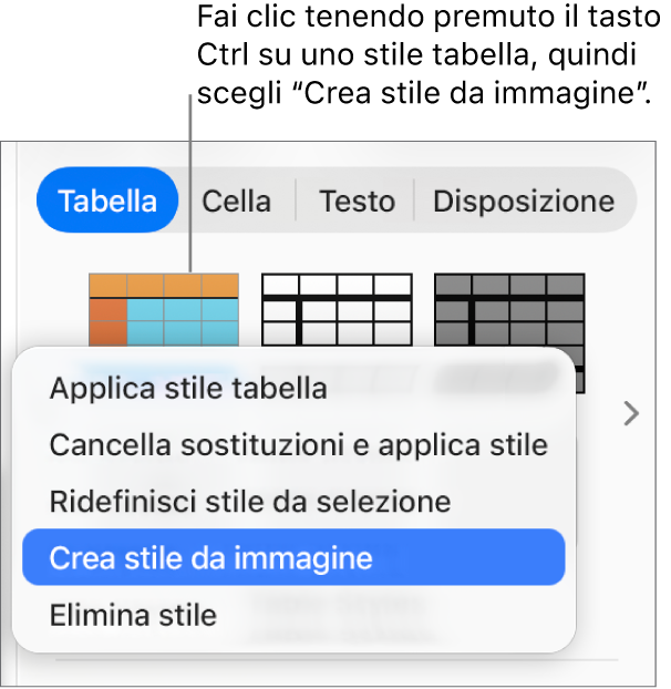 Il menu di scelta rapida dello stile tabella.