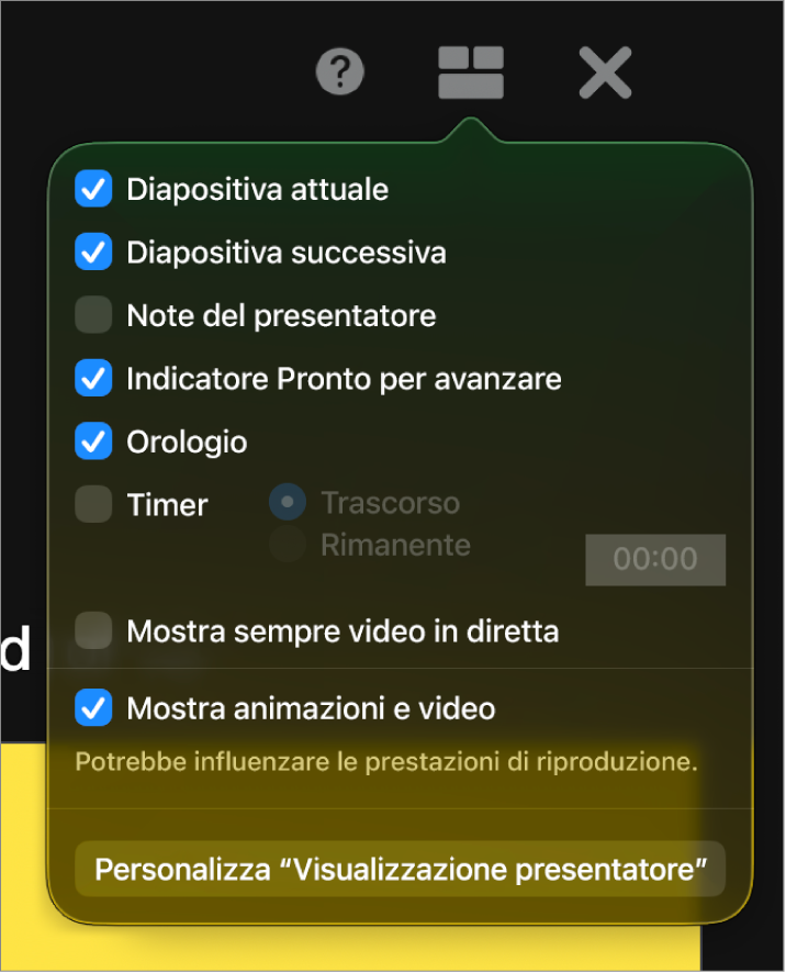 Le opzioni della visualizzazione presentatore, tra cui “Diapositiva attuale”, “Diapositiva successiva”, “Note del presentatore”, “Indicatore Pronto per avanzare”, Orologio e Timer. Il timer include opzioni aggiuntive per mostrare il tempo trascorso o il tempo rimanente.
