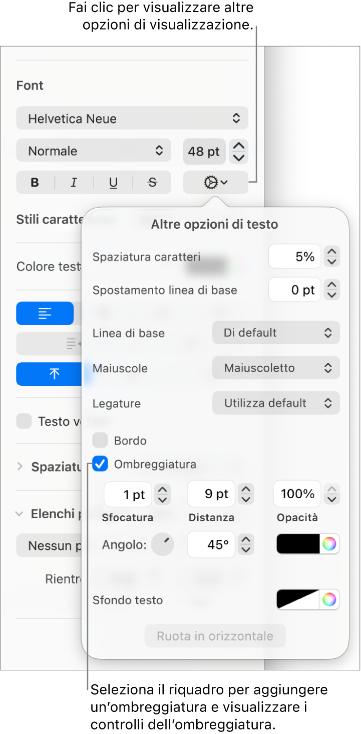 Le Opzioni avanzate aperte con il riquadro Ombreggiatura selezionato e i controlli per impostare la sfocatura, l’offset, l’opacità, l’angolazione e il colore.