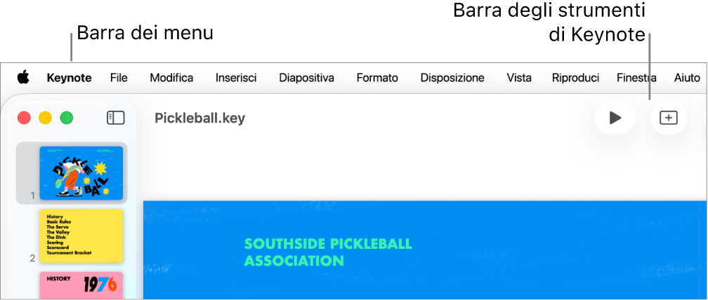 La barra dei menu nella parte superiore dello schermo con i menu Apple, Keynote, File, Modifica, Inserisci, Formato, Disposizione, Visualizza, Riproduci, Finestra e Aiuto. Sotto la barra dei menu è visualizzata una presentazione di Keynote aperta con i pulsanti della barra strumenti.