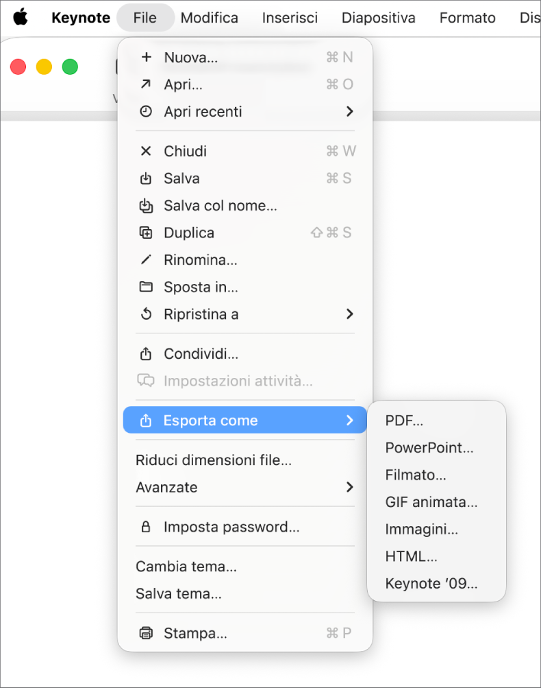 Il menu File aperto con l’opzione “Esporta come” selezionata e il relativo sottomenu che mostra le opzioni di esportazione come PDF, PowerPoint e Filmato.