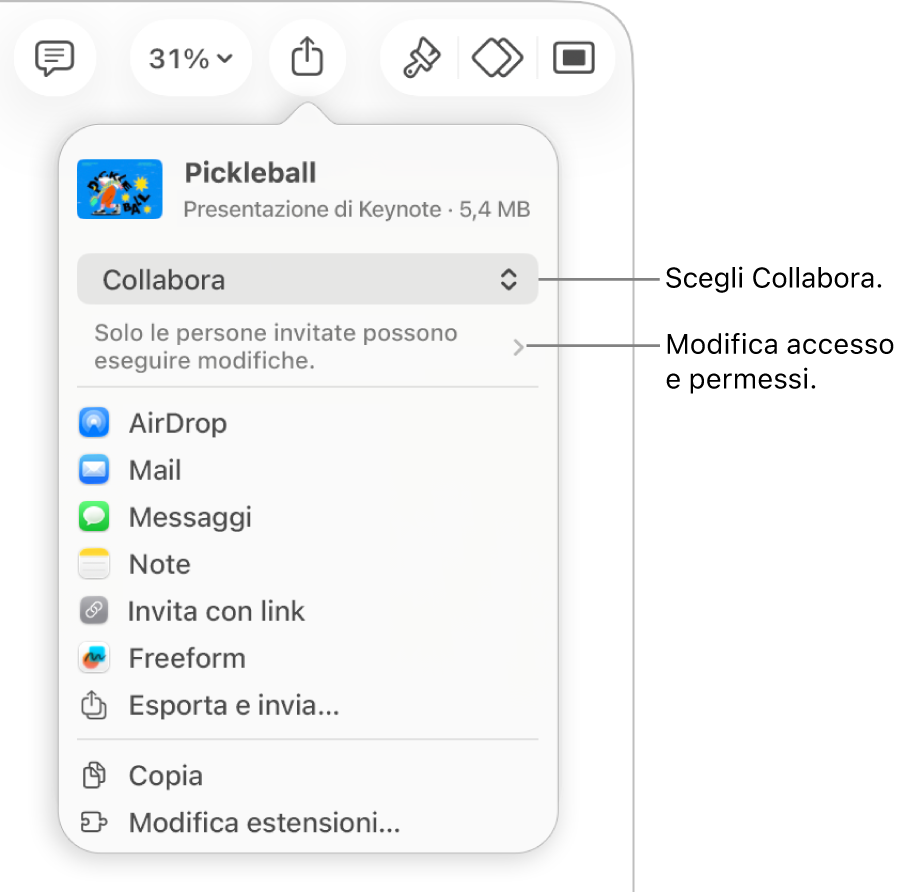 Il menu di condivisone con l’opzione Collabora selezionata in alto e le impostazioni di accesso e dei permessi sotto.