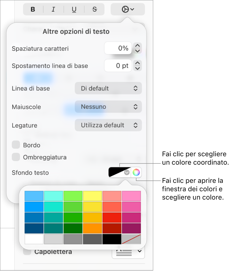 Controlli per la scelta di un colore di sfondo per il testo.