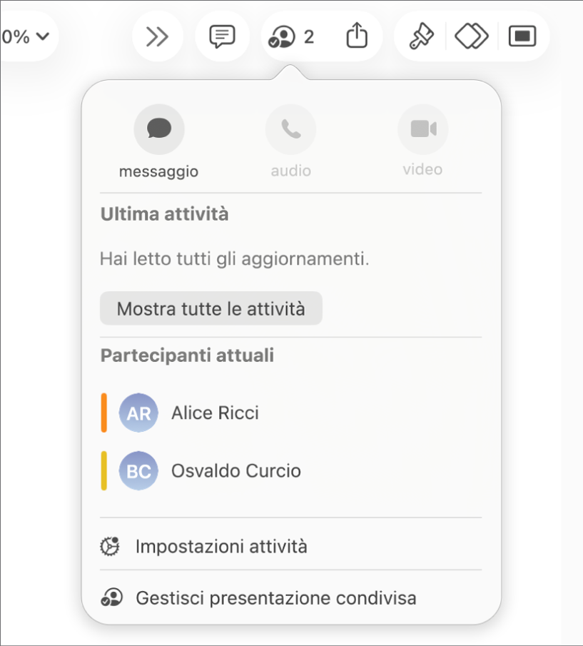 Il menu Collaborazione che mostra i nomi delle persone che stanno collaborando alla presentazione.