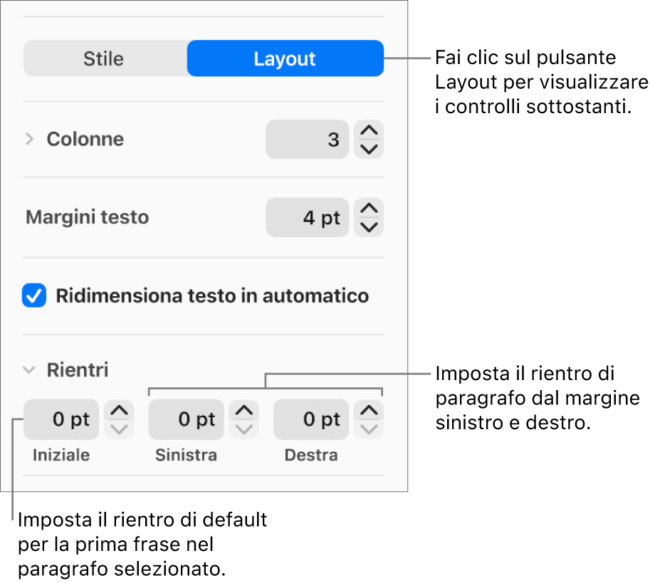 Sezione Layout della barra laterale Formattazione con i controlli per impostare il rientro della prima riga e i margini dei paragrafi.