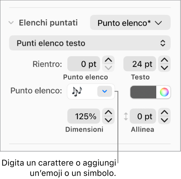 La sezione “Elenchi puntati” della barra laterale Formato. Nel campo “Punto elenco” viene visualizzata l’emoji di un fiore.