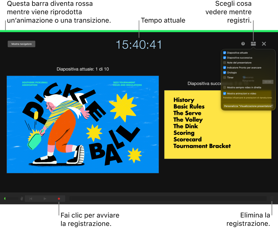 Schermata della modalità di registrazione vocale sulla visualizzazione presentatore. Sono visibili la diapositiva attuale e quella successiva, il tempo attuale e i controlli per la visualizzazione presentatore. Il controllo per iniziare e terminate la registrazione e il controllo per eliminare la registrazione appaiono nella parte inferiore dello schermo.