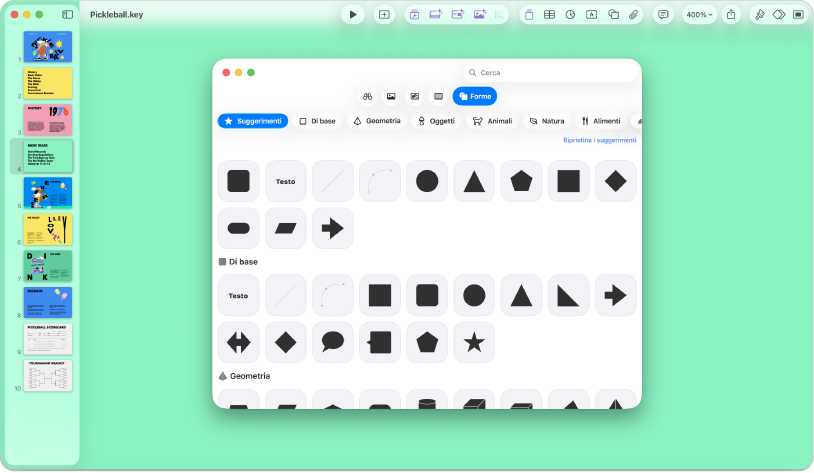 La finestra di Keynote con il menu Forma aperto dalla barra strumenti.