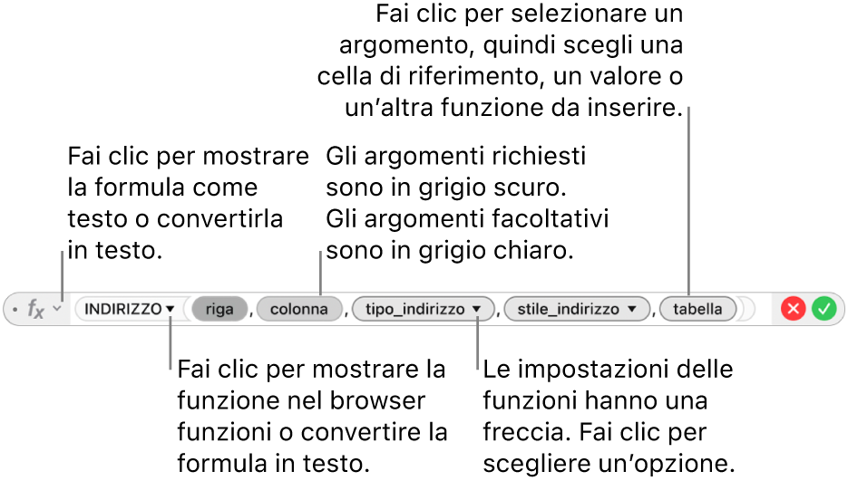 “Editor formule” con la funzione INDIRIZZO e i token degli argomenti corrispondenti.