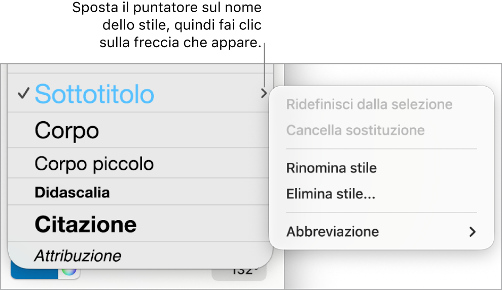 Il menu “Stili Paragrafo” con il menu di scelta rapida aperto.