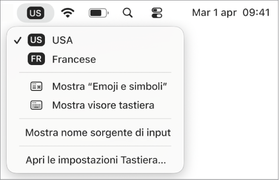 Menu Input nell’angolo superiore destro della barra dei menu.