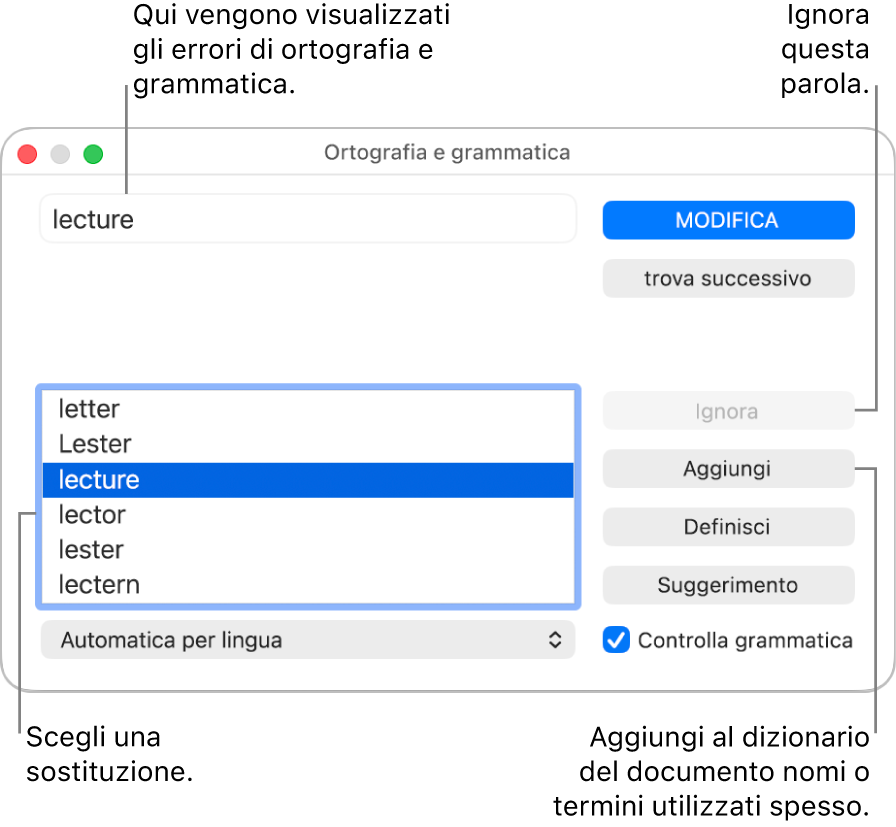 Finestra “Ortografia e grammatica”.
