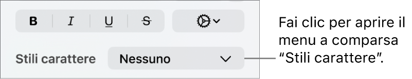 Menu a comparsa “Stili carattere” sotto i controlli per modificare stile e colore del testo.