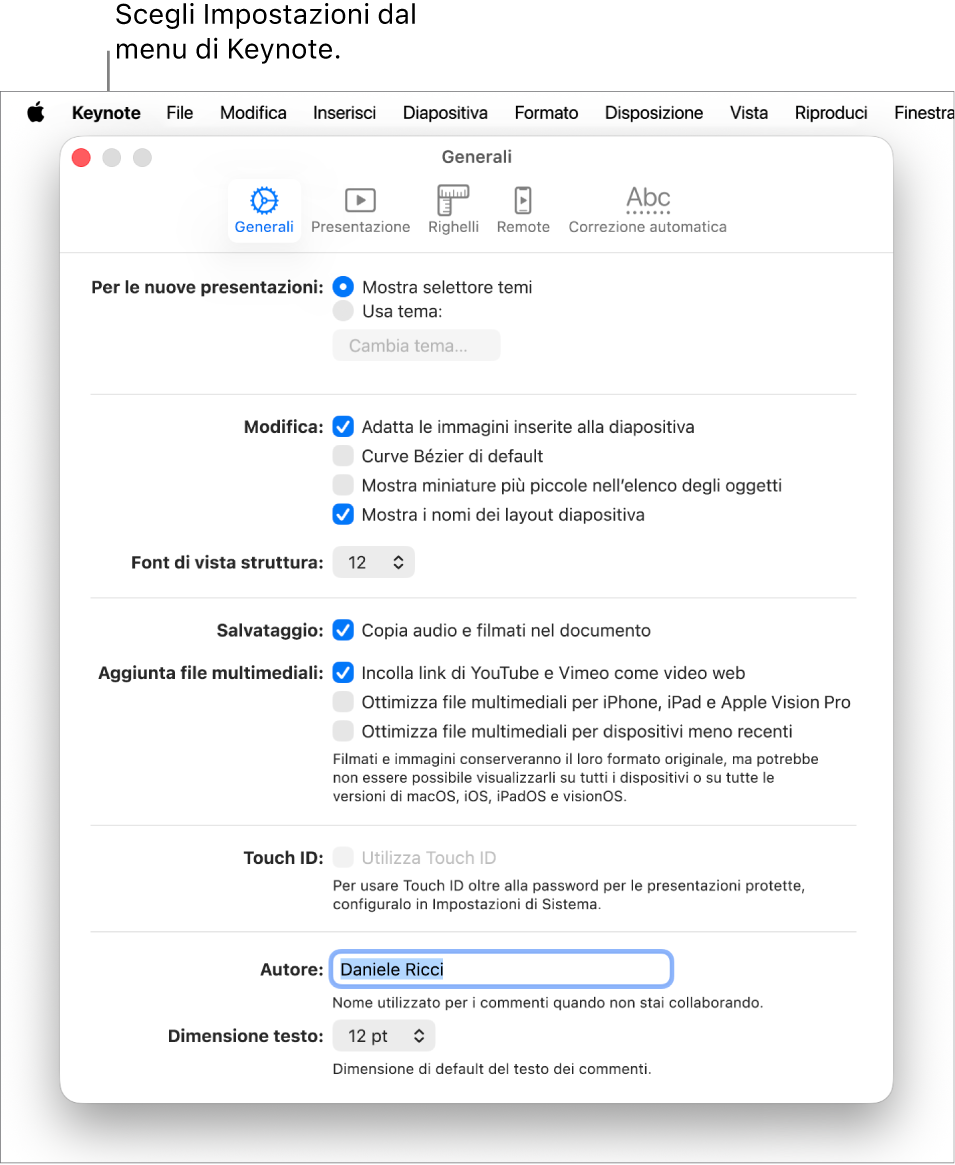 Finestra delle impostazioni di Keynote aperta nel pannello Generali.