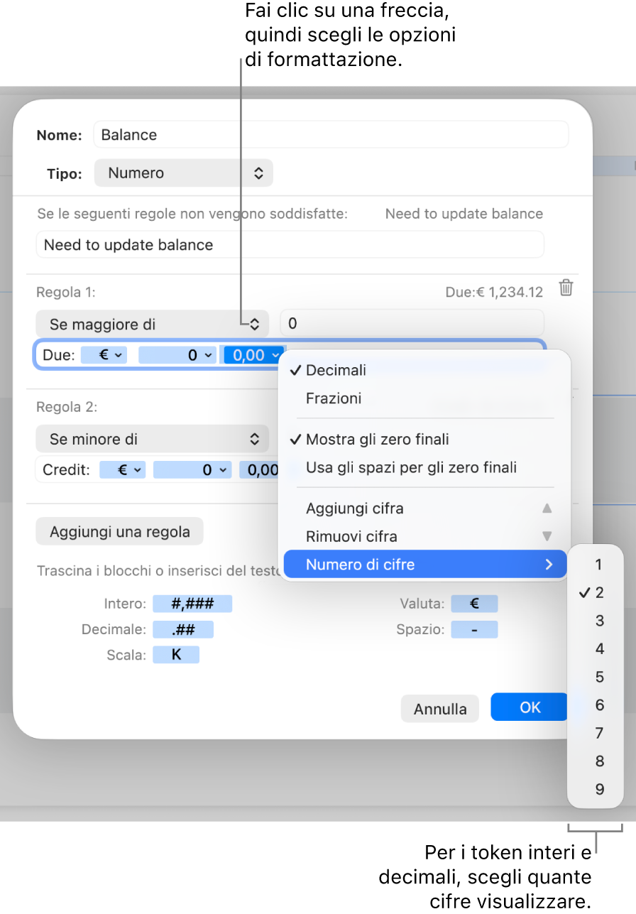 Finestra per la formattazione delle celle con controlli per la creazione di un formato di numero personalizzato.