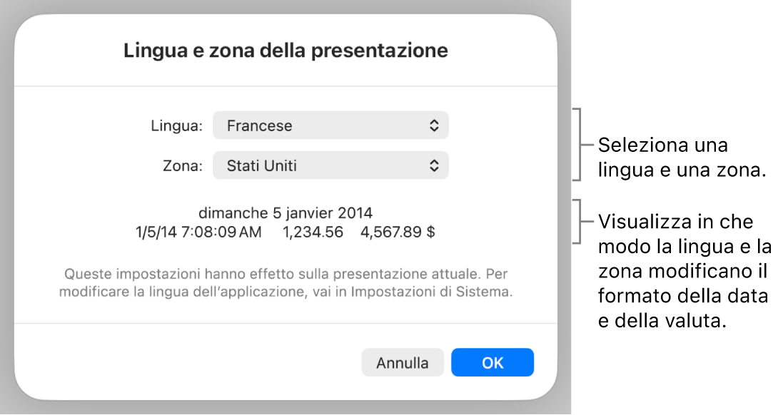 Il pannello “Lingua e zona” con i controlli per lingua e zona e un esempio di formato che include data, ora, numeri decimali e valuta.