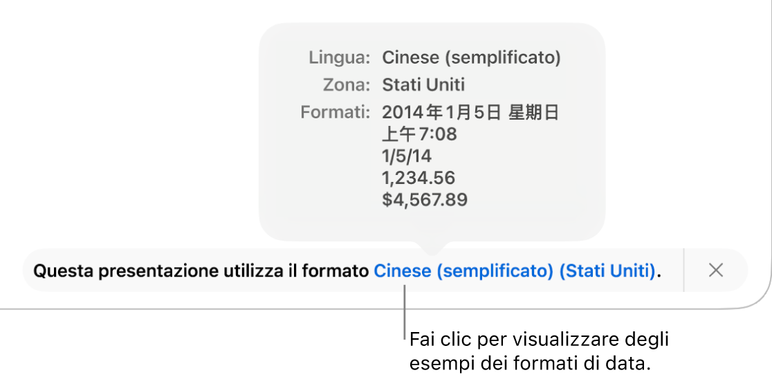 La notifica della diversa impostazione di lingua e zona, con esempi dei formati.