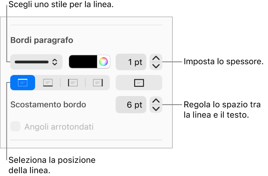 Controlli per modificare lo stile, lo spessore, la posizione e il colore della linea.