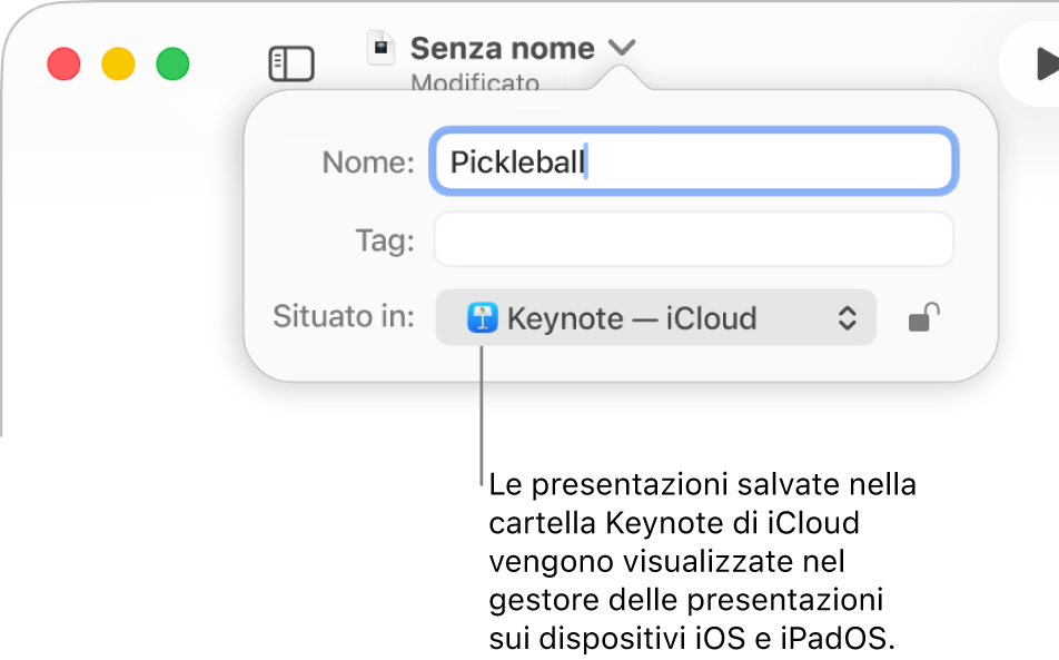 Finestra di dialogo Salva per una presentazione con “Keynote - iCloud” nel menu a comparsa Dove.