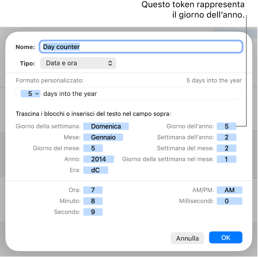 Finestra per la formattazione delle celle con controlli per creare un formato di data e ora personalizzato.