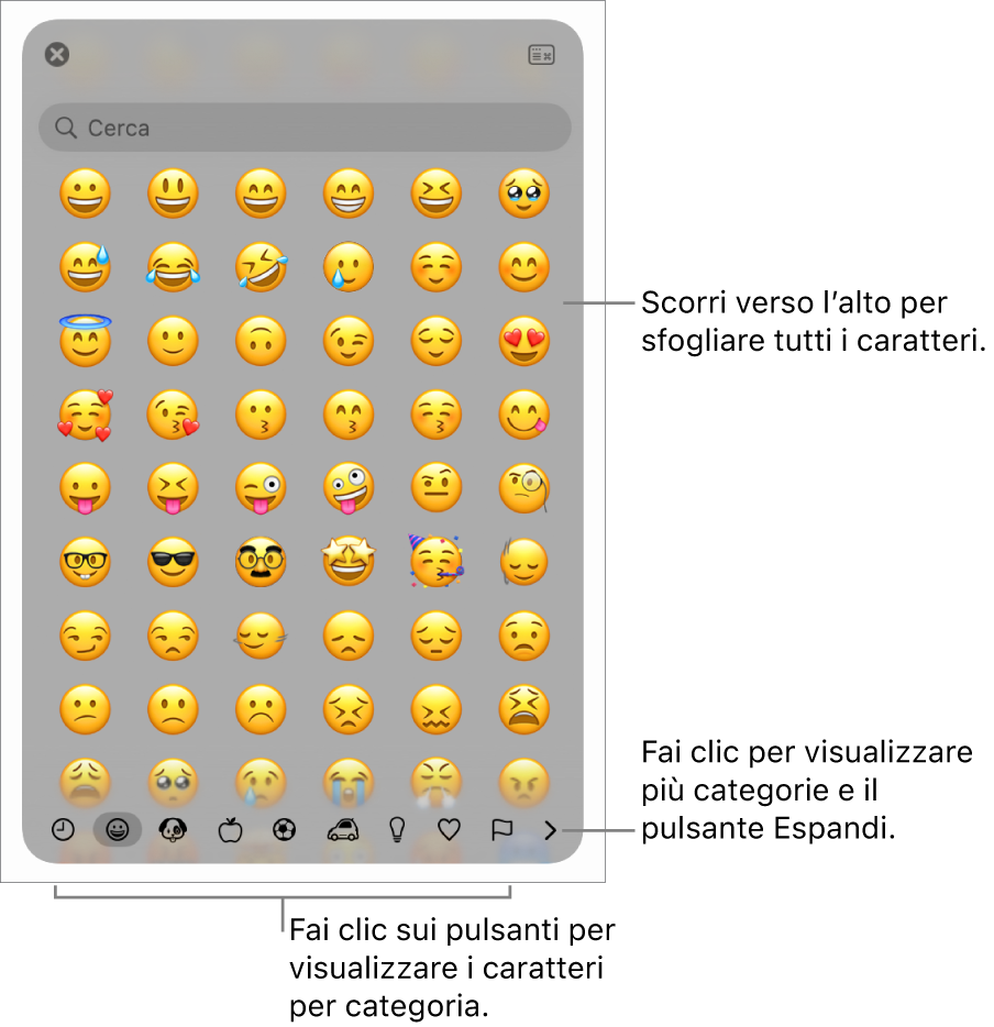 Finestra dei caratteri speciali con le emoticon, i pulsanti per i diversi tipi di simboli nella parte inferiore e la didascalia di un pulsante per mostrare l’intera finestra dei caratteri.
