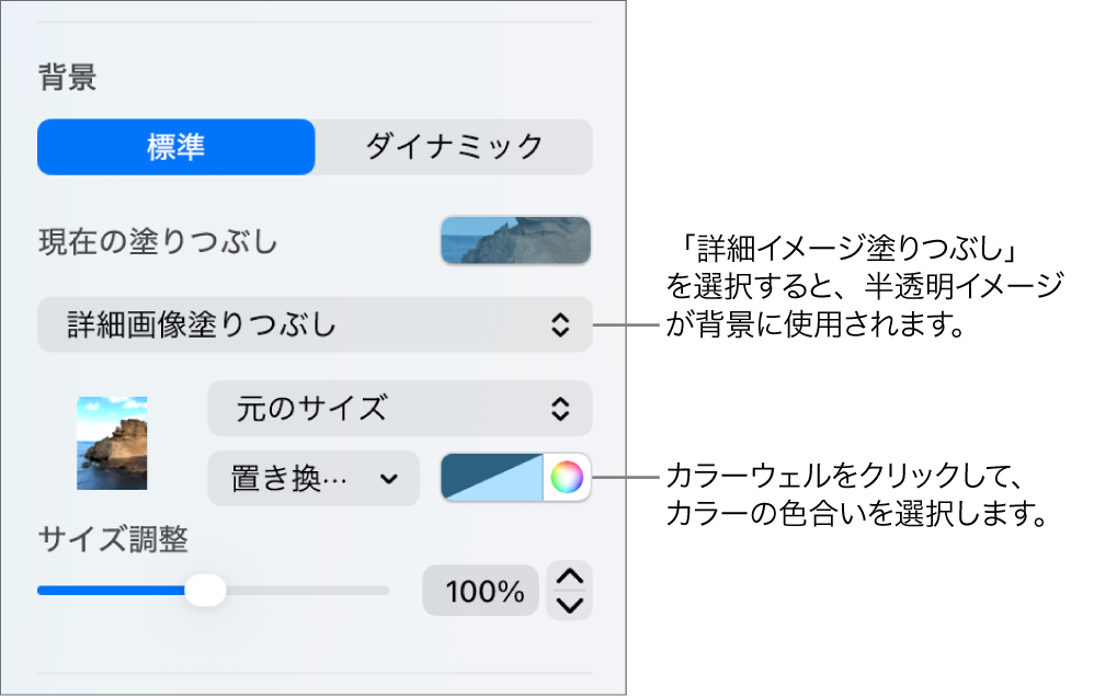 「背景」コントロール。半透明の「詳細画像塗りつぶし」がスライドの背景に設定されています。