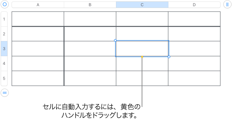 選択したセルと黄色のハンドル。これをドラッグすることでセルを自動入力できます。