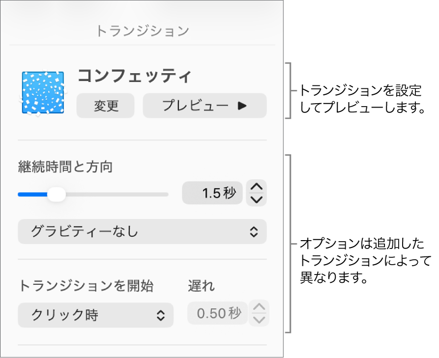 サイドバーの「トランジション」セクションに表示されているトランジションコントロール。
