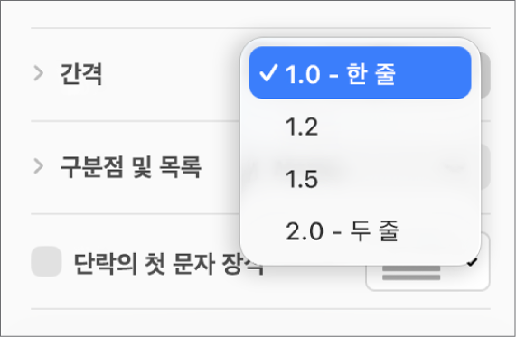 한 줄, 두 줄 및 기타 옵션이 표시된 간격 팝업 메뉴.