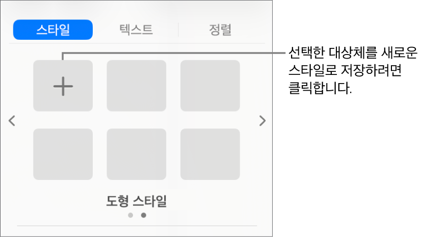 한 개의 텍스트 상자 스타일과 오른쪽에 스타일 생성 버튼 및 네 개의 빈 스타일 위치 지정자가 있는 포맷 사이드바의 스타일 탭.