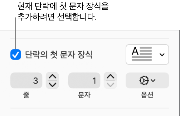 ‘단락의 첫 문자 장식’ 체크상자가 선택되어 있고 그 오른쪽에 팝업 메뉴가 나타남. 그 아래에는 줄 높이, 문자 수 및 기타 옵션을 설정하는 제어기가 있음.