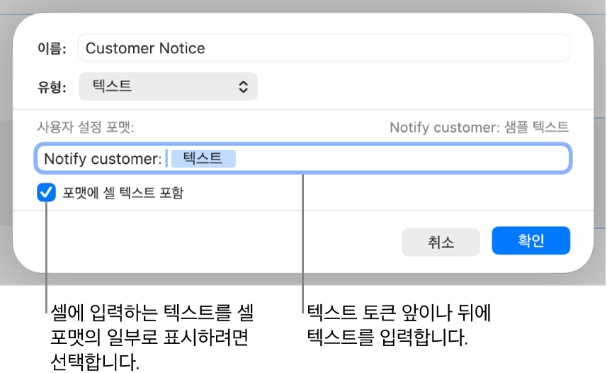 사용자 텍스트 셀 포맷.