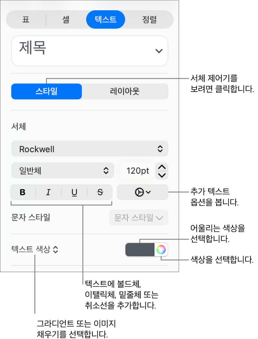 표 텍스트의 스타일을 지정하는 제어기.