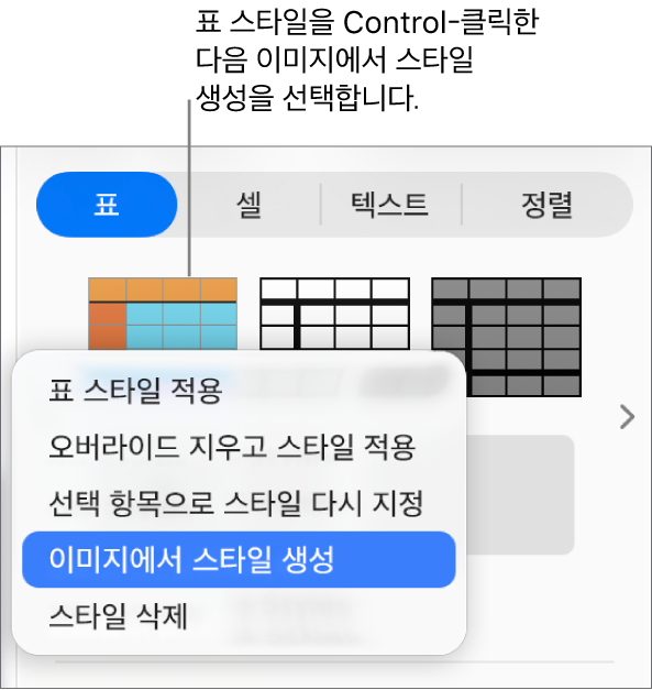 표 스타일 단축 메뉴.