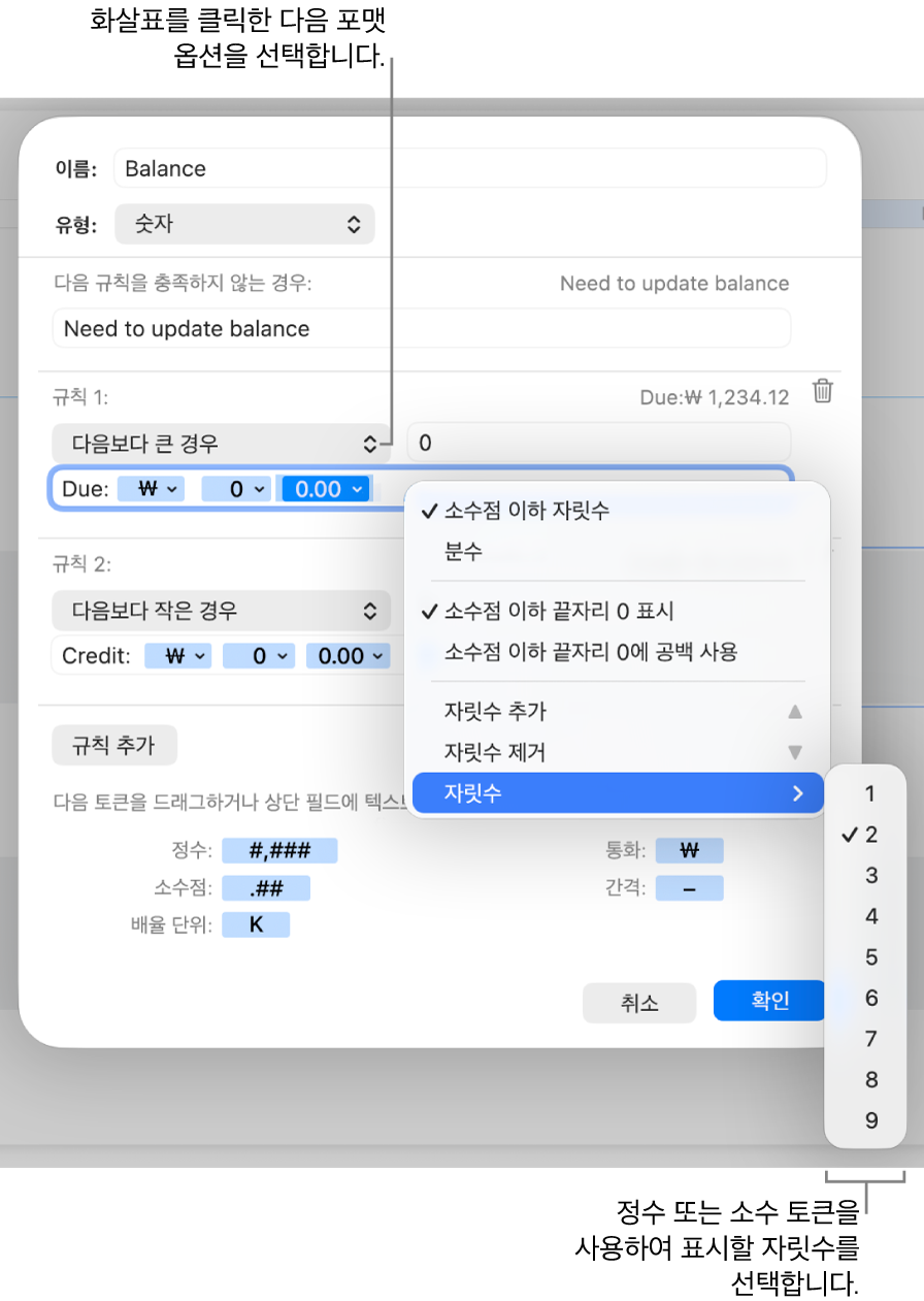 사용자 설정 숫자 포맷을 생성하기 위한 제어기가 있는 사용자 설정 셀 포맷 윈도우.