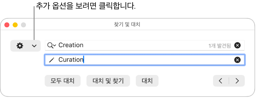 추가 옵션을 표시하는 팝업 메뉴에 대한 설명이 있는 찾기 및 대치 윈도우.