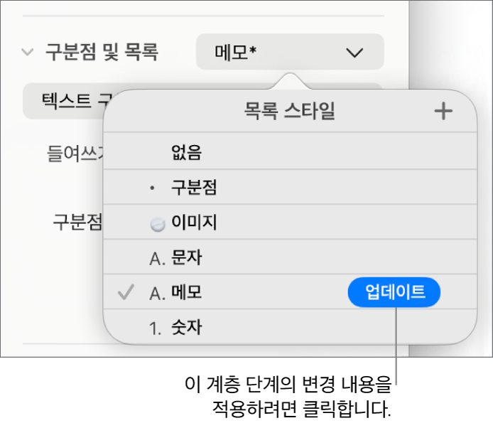 새 스타일 이름 옆에 업데이트 버튼이 있는 목록 스타일 팝업 메뉴.