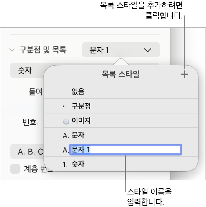 오른쪽 상단 모서리에 추가 버튼이 있는 목록 스타일 팝업 메뉴와 텍스트가 선택된 위치 지정자 스타일 이름.
